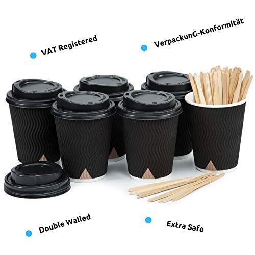 100 Vasos Desechables Ondulación Negra de Doble Pared de Café para Llevar - Vasos Carton 360 ml 12 Onzas con Tapas y Agitadores de Madera para Servir el Café, el Té, Bebidas Calientes y Frías