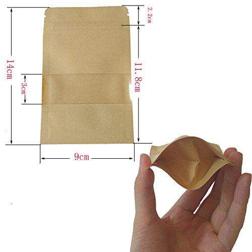 100pcs 9 * 14cm Bolsitas Papel Kraft Ventana con Cierre Marrón Pequeñas Estraza Bolsas Papel Zip Alimentos Biodegradables para Semilla Regalo Joyería Caramelos (9 * 14CM)