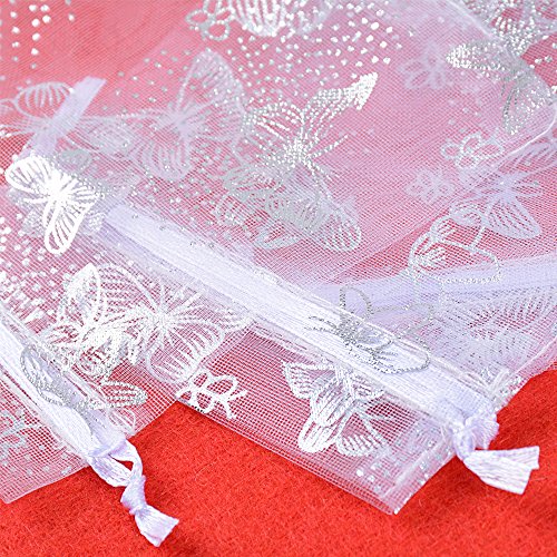 100pcs Bolsas Bolsitas Organza Blancas Mariposas 9x12 cm Saquitos Arroz Regalo Joyas Caramelo Dulces Recuerdo Favores Detalles para Boda Fiesta Navidad Bautizo con Cintas