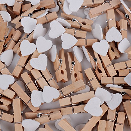 100pcs Mini Pinzas de Madera Pequeñas con Corazón Blanca 3.5cm Adorno de Fotos Ropa para Celebración Navidad Boda Papel Fotográfico Clips de Artesanía