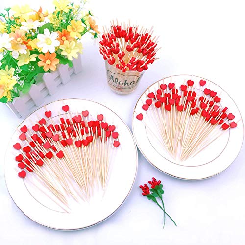 100pcs Palillos para Cócteles, 12CM Palillos de Cóctel Brochetas de Bambú, Brochetas de cóctel de corazón Rojo, Decoración de Pastel Palillos para Fiesta y Boda Decoración