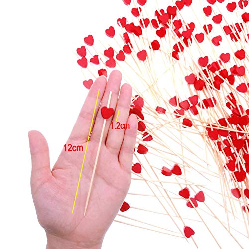 100pcs Palillos para Cócteles, 12CM Palillos de Cóctel Brochetas de Bambú, Brochetas de cóctel de corazón Rojo, Decoración de Pastel Palillos para Fiesta y Boda Decoración