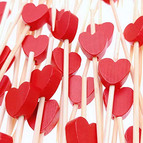 100pcs Palillos para Cócteles, 12CM Palillos de Cóctel Brochetas de Bambú, Brochetas de cóctel de corazón Rojo, Decoración de Pastel Palillos para Fiesta y Boda Decoración