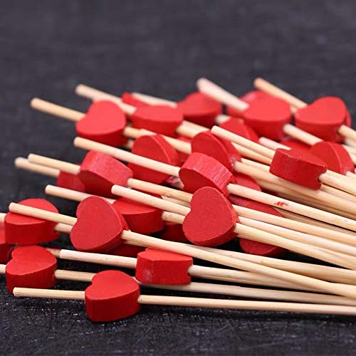 100pcs Palillos para Cócteles, 12CM Palillos de Cóctel Brochetas de Bambú, Brochetas de cóctel de corazón Rojo, Decoración de Pastel Palillos para Fiesta y Boda Decoración