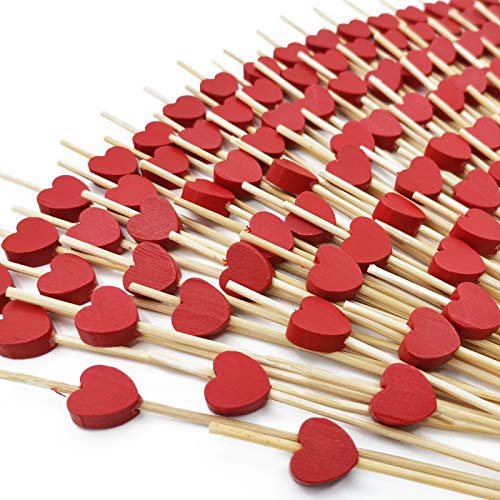 100pcs Palillos para Cócteles, 12CM Palillos de Cóctel Brochetas de Bambú, Brochetas de cóctel de corazón Rojo, Decoración de Pastel Palillos para Fiesta y Boda Decoración