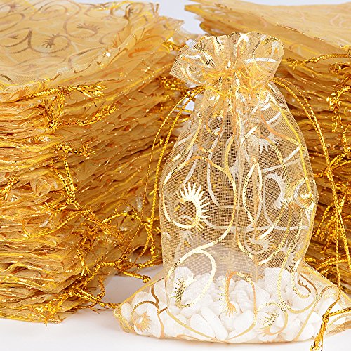 100x Bolsas de Organza Regalo Dorado(9x12cm) Bolsitas Oro para Caramelos Recuerdos Invitados de Boda Fiesta Cumpleaños Navidad Halloween