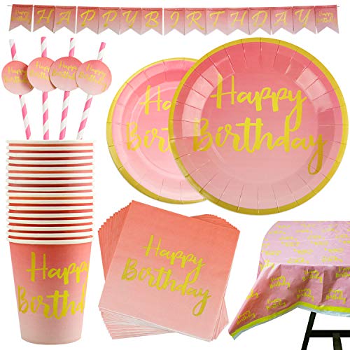 102 Piezas Color Rosa y Dorado para Celebración de Cumpleaños Infantil – Artículos de Fiesta Desechables de Cartón - Vasos, Platos, Mantel, Servilletas y más – Accesorios de Vajilla y Decoración