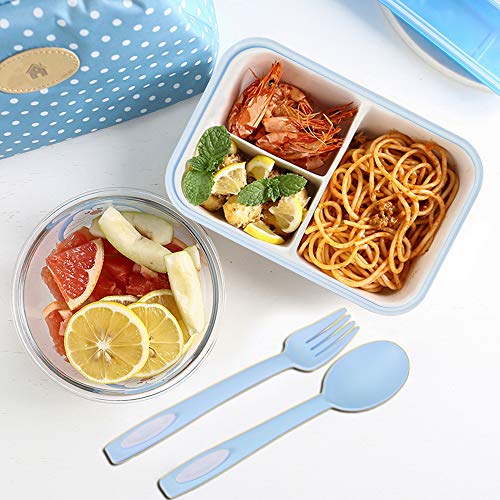 1050ml Caja de Almuerzo de Plástico Azul, Caja de Bento con 3 Compartimentos y Cubiertos (Tenedor y Cuchara), Fiambreras Caja de Alimentos Ideal para Almuerzo y Bocadillos para Niños y Adultos