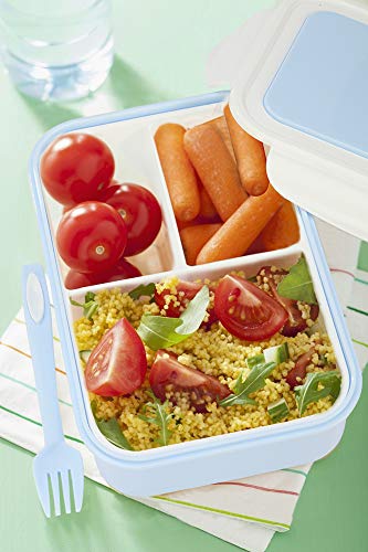 1050ml Caja de Almuerzo de Plástico Azul, Caja de Bento con 3 Compartimentos y Cubiertos (Tenedor y Cuchara), Fiambreras Caja de Alimentos Ideal para Almuerzo y Bocadillos para Niños y Adultos