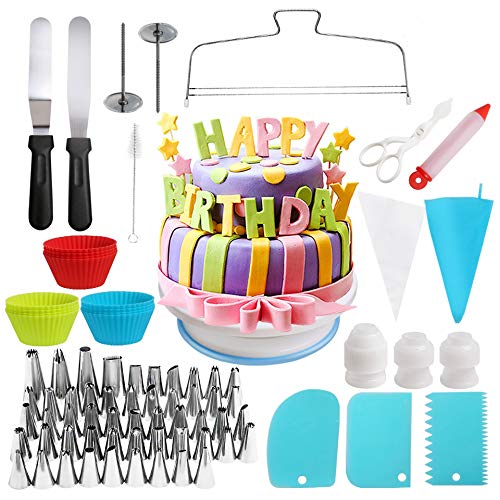 106 Piezas Decoración de Pasteles Herramienta de Pastelería Profesional Magdalenas Kit, con 52 Boquillas Acero Inoxidable Soporte Giratorio Espátula de Tartas Ideal para Bizcochos,Cupcake, Cumpleaños