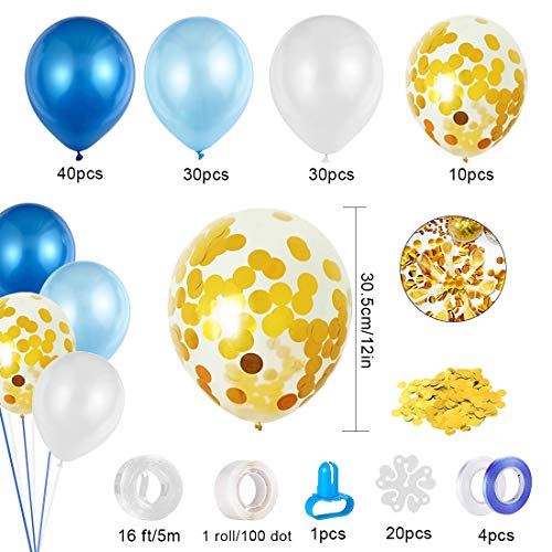 110Pcs Kit de Guirnaldas de Globos, Arco Globos de Látex Azul Blanco,Globos de Confeti con 16 Pies Cinta,1 Herramienta de Amarre y 100 Puntos Pegamento para la Decoración de Fiesta Boda Cumpleaños