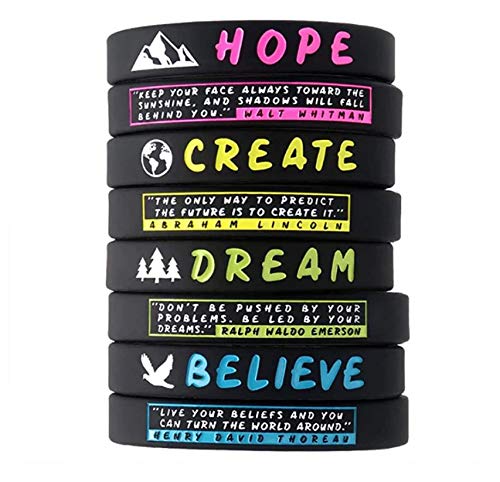 11thGear - Pulsera de goma de silicona con diseño de festival positivo y motivacional para niños, hombres, mujeres, 2020, Dream Believe Hope Create [juego de 4 pulseras]