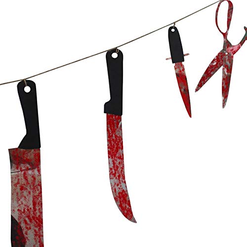 12 apoyos cuchillo PCS de Halloween colgando sangrienta arma corona de simulación de bandera falsa emocionante asesino sangrienta cadena de cuchillo banderín del horror sangriento decoración del parti