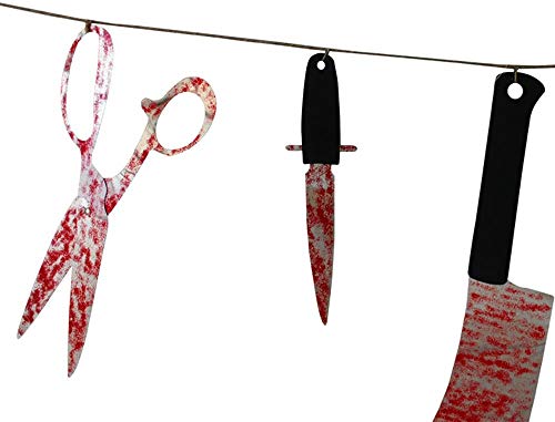 12 apoyos cuchillo PCS de Halloween colgando sangrienta arma corona de simulación de bandera falsa emocionante asesino sangrienta cadena de cuchillo banderín del horror sangriento decoración del parti