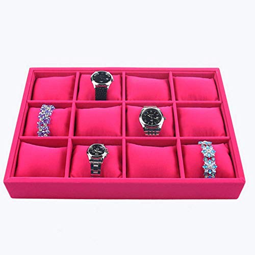 12 cuadrículas Rose Red Velvet reloj del caso de exhibición pulsera brazalete de exhibición de la cadena bandeja de soporte de almohadas Caja de almacenamiento de contenedores pulsera del reloj sosten