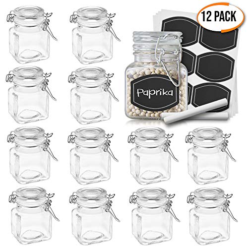 12 Frascos de Vidrio Pequeños con Tapa de Clip, 100ML - Herméticos y Duraderos Tarro Cristal con Etiquetas y Tiza| Hierbas Especias Mermeladas Conservas| Cumpleaños Boda Fiesta Decoraciones.