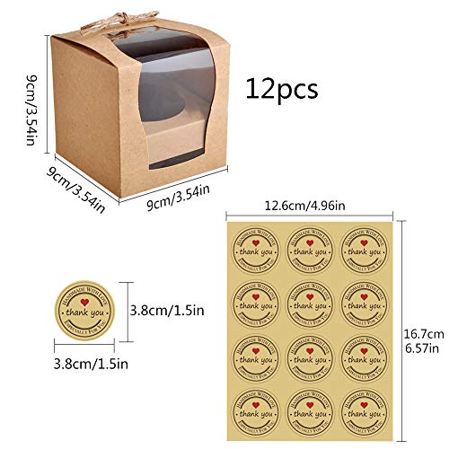 12 piezas Cajas de papel Kraft para panadería con ventanas de PVC para tartas de panadería y pastelería, contenedor desechable para llevar con etiqueta engomada y guita