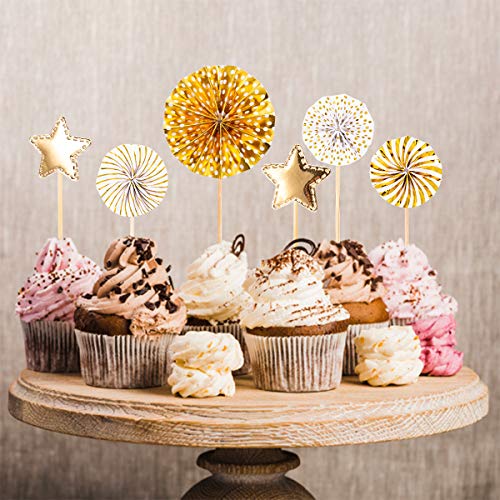 12 Piezas de Pastel de Cumpleaños Feliz, Globos de Confeti Dorado, Estrellas y Ventiladores de Papel para la Decoración de la Torta de Cumpleaños