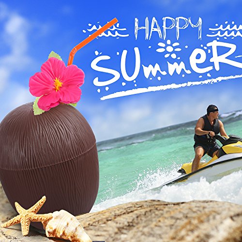 12 Piezas de Tazas en Forma de Coco de Plástico Luau Hawaiana con Pajitas de Doblar de Flor Hibiscus para Materiales de Fiesta Temática de Playa