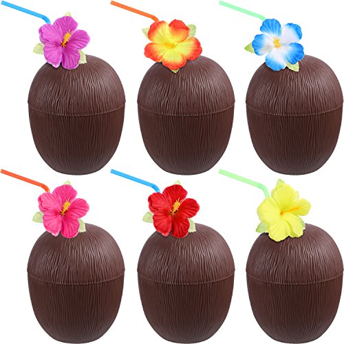 12 Piezas de Tazas en Forma de Coco de Plástico Luau Hawaiana con Pajitas de Doblar de Flor Hibiscus para Materiales de Fiesta Temática de Playa