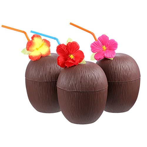 12 Piezas de Tazas en Forma de Coco de Plástico Luau Hawaiana con Pajitas de Doblar de Flor Hibiscus para Materiales de Fiesta Temática de Playa