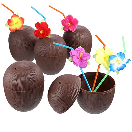 12 Piezas de Tazas en Forma de Coco de Plástico Luau Hawaiana con Pajitas de Doblar de Flor Hibiscus para Materiales de Fiesta Temática de Playa