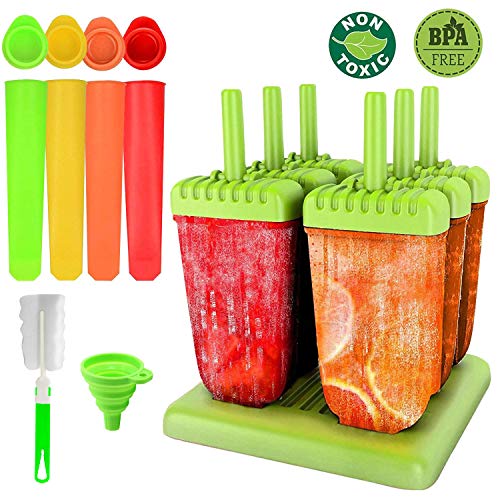 12 Piezas Kit de Molde para Helados,Reutilizable Moldes Silicona, 6 Piezas Moldes de paletas, 4 Moldes de Silicona para Helados, Cepillo de Limpieza y Plegable Embudo