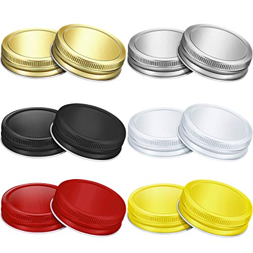 12 Piezas Tapas de Frasco de Conserva de Boca Regular Multicolores Tapas Sólidas de Almacenamiento Seguras de Masón a Prueba de Fugas de Sellado de Silicona, Oro, Plata, Negro, Blanco, Rojo, Amarillo