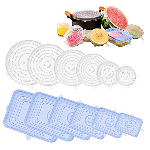 12 Piezas Tapas de Silicona Elásticas Reutilizables Ecológicas Fundas para Tapas Fundas Protectoras para Alimentos Tazas, Boles, Tarros, Lavavajillas, Microondas, Horno o Refrigerador