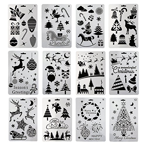 12 plantillas de pintura plástica, diseño de Papá Noel, muñeco de nieve, árbol de Navidad, alce de nieve, campana de dibujo, 25,4 x 17,8 cm, para manualidades