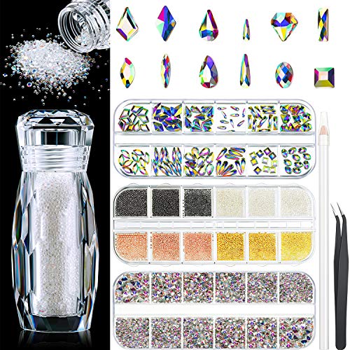 120 Diamantes de Imitación Cristal Vidrio en Formas Múltiples, 2000 Diamantes AB, 12 Gris de Abalorios Caviar Micro de Uñas, Micro Cuentas de Uñas con Bolígrafo de Seleccionar Diamantes y Pinza