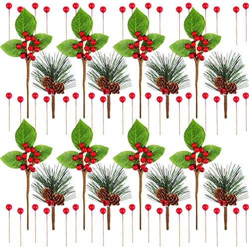 120 Piezas de Bayas Rojas Palos de Pino Artificiales Manojo de Bayas de Acebo de Invierno de Navidad con Manojo de Arándanos Falsos Hojas para Arreglos Floral Corona Árbol de Navidad Centro de Mesa