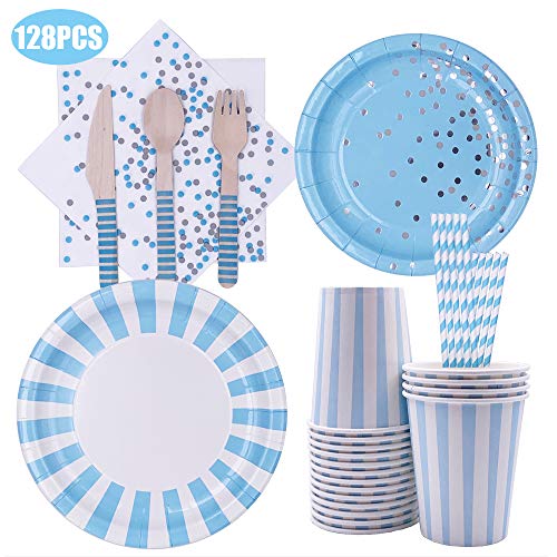 128 Piezas Juego Vajilla Desechable, Cubiertos Desechables Azul, para Fiestas, Bodas, Aniversarios, Cumpleaños, Fiestas de Bodas (16 Invitados)