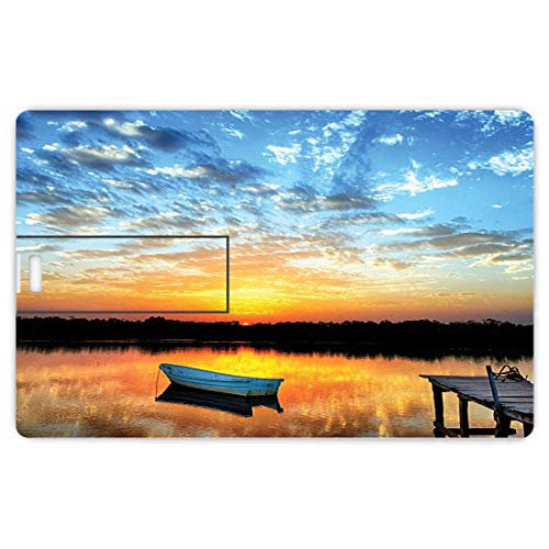 128G Unidades Flash USB Flash Lago pequeño Barco de Pesca Amanecer Reflejo en Estanque Forma de Tarjeta de crédito bancaria Clave Comercial U Disco de Almacenamiento Memory Stick Marrón y Gris Perla,