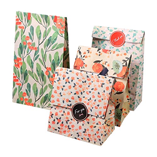 12pcs Patrón de flores Bolsas de papel Kraft con pegatinas Bolsas de regalo de papel Tratar Bolsas de compras para galletas de dulces Galletas Boda Vacaciones Cumpleaños Año nuevo