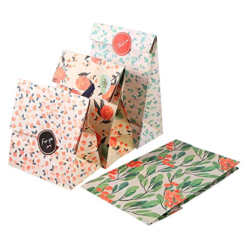 12pcs Patrón de flores Bolsas de papel Kraft con pegatinas Bolsas de regalo de papel Tratar Bolsas de compras para galletas de dulces Galletas Boda Vacaciones Cumpleaños Año nuevo