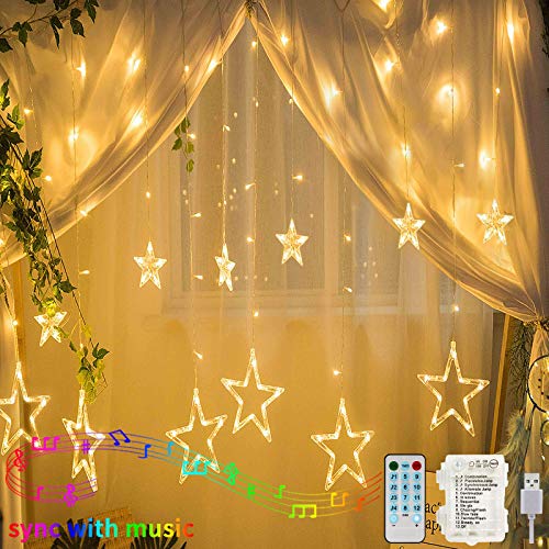 138 LEDs Luces de Cortina de Estrella, Hezbjiti Estrella Guirnalda de Luces de Cadena Estrelladas con Función de Ritmo Musical, Mando a Distancia Para Exteriores/Xmas/Party(Blanco Cálido)