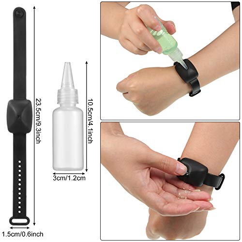 14 Dispensadores de Mano de Muñequera de Niños Adultos Pulsera Recargable de Silicona Portátil Suministros de Limpieza Líquidos Portátiles con 14 Botellas de Pico Recargable (Negro)