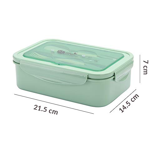 1400ml Caja de Almuerzo de Plástico Verde, Caja de Bento con 3 Compartimentos y Cubiertos (Tenedor y Cuchara), Fiambreras Caja de Alimentos Ideal para Almuerzo y Bocadillos para Niños y Adultos