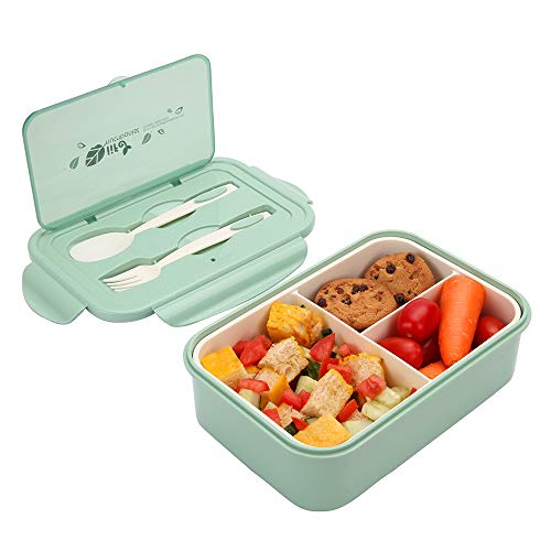 1400ml Caja de Almuerzo de Plástico Verde, Caja de Bento con 3 Compartimentos y Cubiertos (Tenedor y Cuchara), Fiambreras Caja de Alimentos Ideal para Almuerzo y Bocadillos para Niños y Adultos