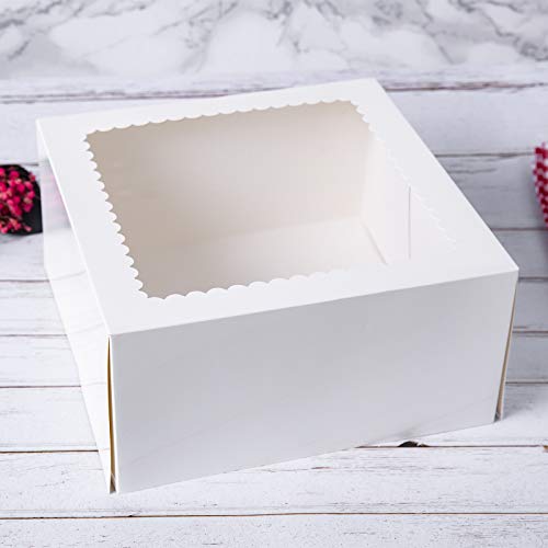 15 cajas de pastel de panadería blancas, 10 x 10 x 5 pulgadas, caja grande de cartón Kraft para panadería con ventana emergente automática (paquete de 15)