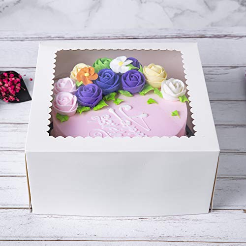15 cajas de pastel de panadería blancas, 10 x 10 x 5 pulgadas, caja grande de cartón Kraft para panadería con ventana emergente automática (paquete de 15)