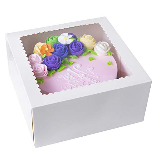 15 cajas de pastel de panadería blancas, 10 x 10 x 5 pulgadas, caja grande de cartón Kraft para panadería con ventana emergente automática (paquete de 15)