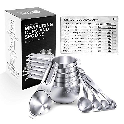 15 Paquete - Tazas y Cucharas Medidoras - Premium Acero Inoxidable - 6 Tazas y 6 Cucharas de Medir +2 D-Anillos y 1 Imán Tabla de Conversión - ingredientes secos y líquidos para cocina horneando