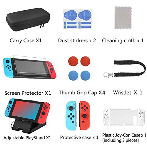 16 en 1 Kit de Accesorios para Nintendo Switch, Funda para Nintendo Switch con 10 Cartucho de Juego | Carcasa de Silicona y Plastico | Protector de Pantalla | Tapas para Joystick | Soporte Ajustable