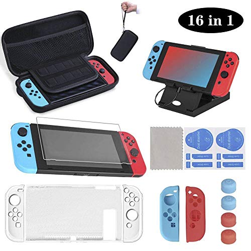 16 en 1 Kit de Accesorios para Nintendo Switch, Funda para Nintendo Switch con 10 Cartucho de Juego | Carcasa de Silicona y Plastico | Protector de Pantalla | Tapas para Joystick | Soporte Ajustable