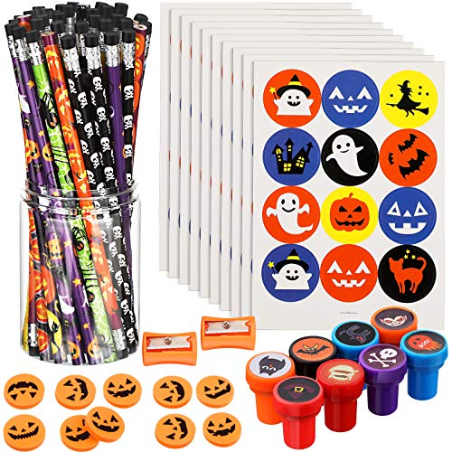 177 Piezas Sets de Suministros de Fiesta de Papelería Escolar de Halloween Juguete de Favor de Fiesta de Premios Trick Treat Incluyendo Lápices de Halloween, Pegatinas, Sellos, Gomas y Sacapuntas