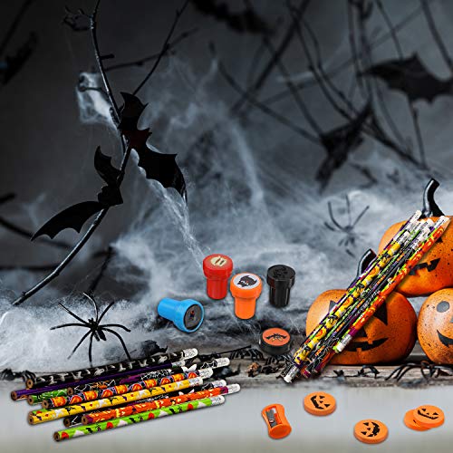 177 Piezas Sets de Suministros de Fiesta de Papelería Escolar de Halloween Juguete de Favor de Fiesta de Premios Trick Treat Incluyendo Lápices de Halloween, Pegatinas, Sellos, Gomas y Sacapuntas