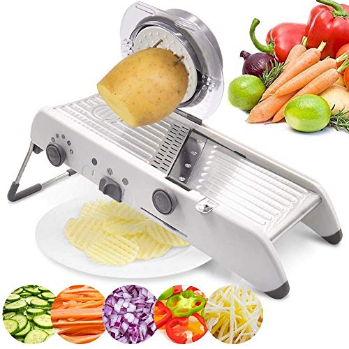 18 Tipos Cortadora de mandolina ajustable Cortador manual de acero inoxidable Rallador de verduras Cortadora de juliana Gofre de frutas Cortador de papas de cocina(Blanco)