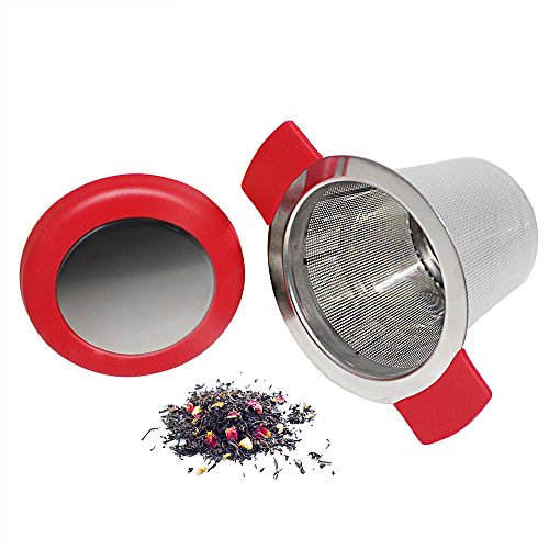 18/8 malla de acero inoxidable infusor de té colador de té con tamaño perfecto, doble asa y gran capacidad, SourceTon se cuelga en teteras, tazas, tazas para té empapado con tapa, paquete de 2 juegos